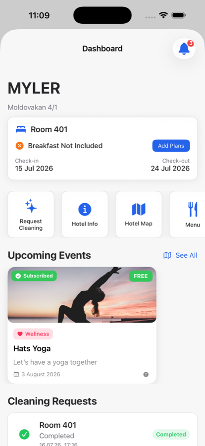 Hospity guest dashboard showing room 401, check-in and check-out dates, quick actions and an upcoming event with a photo