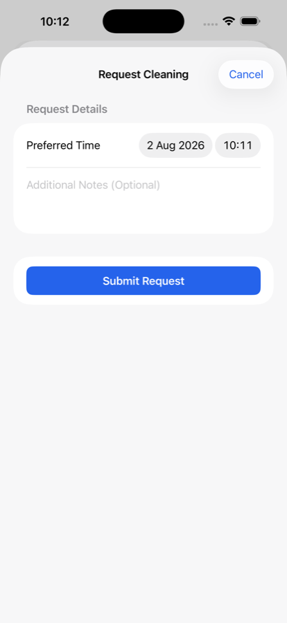 Hospity request cleaning screen with a preferred time picker and a Submit Request button