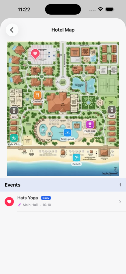 Hospity hotel map screen showing an illustrated resort map with pinned pool, bars, beach, kids club and spa, plus a nearby event