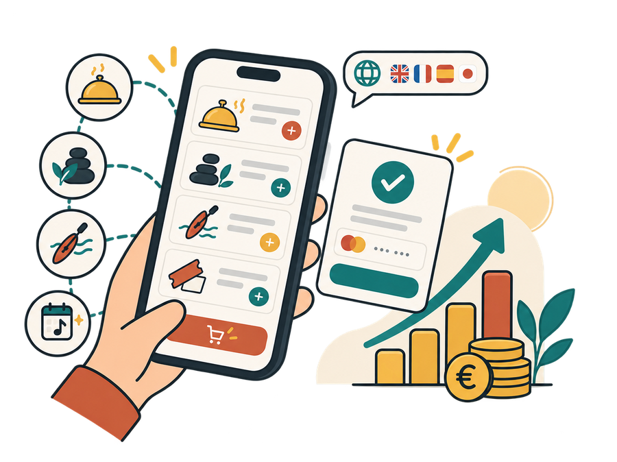 A guest browsing room service, spa, activities and events in the app and paying by card as revenue climbs.