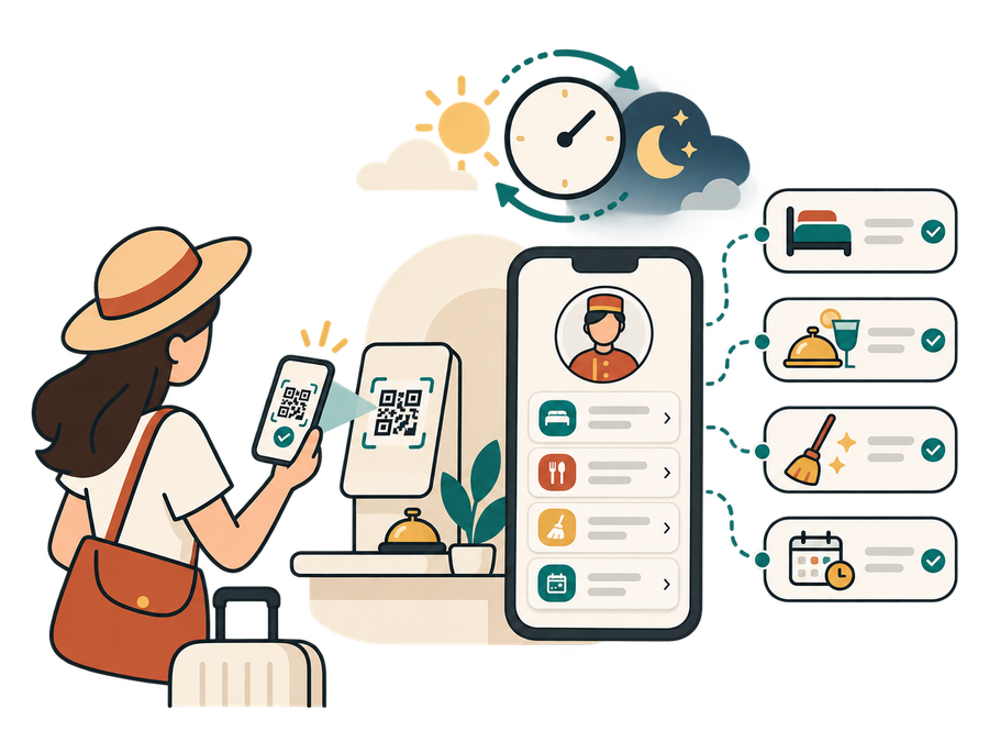 A guest scanning a check-in QR to open a self-serve concierge that works day and night.