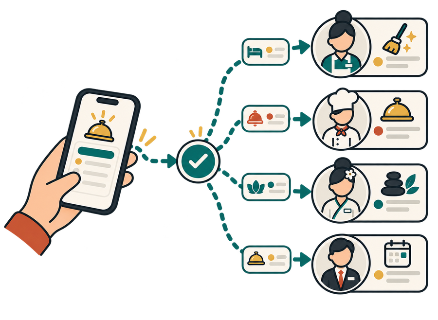 A guest request routing in real time to the housekeeping, kitchen, spa and reception staff who own it.