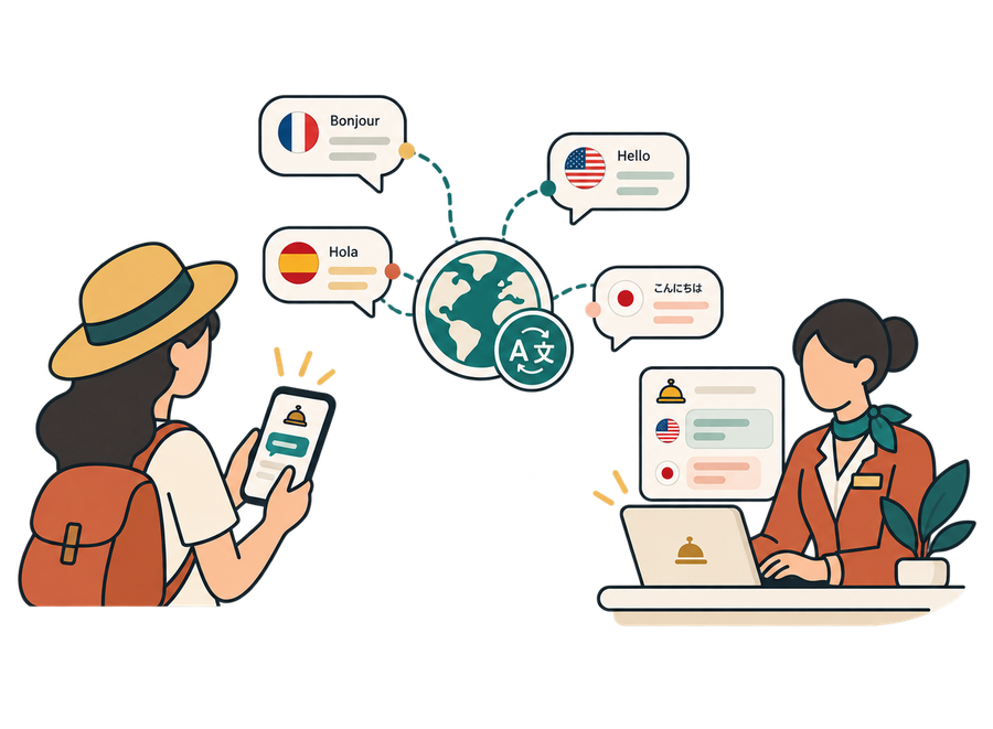 A guest and a receptionist messaging in their own languages, translated automatically.