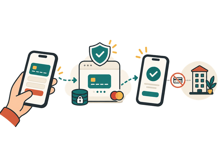 A card payment processed securely off-site, so the hotel stores no card data.