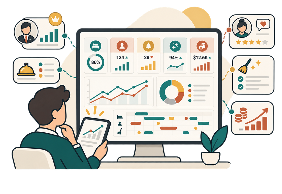 A manager viewing occupancy, revenue, guest satisfaction and staff performance on one dashboard.